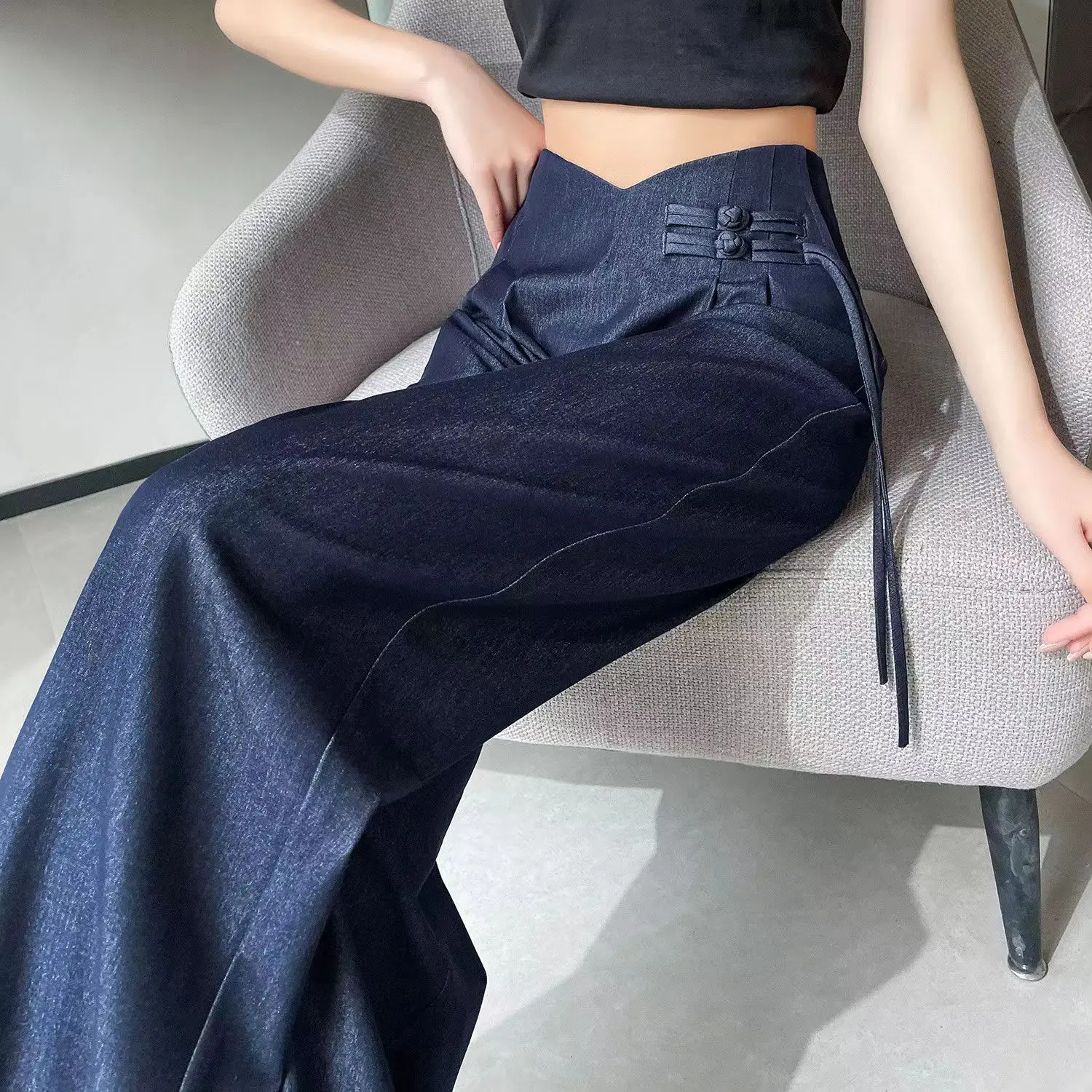 New Chinese style Tencel Jeans Women's Summer Thin High Waist Draping Chinese Pan Buckle Narrow Straight Suit Wide Leg Pants