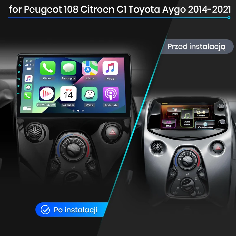 Radio de coche Junsun con CarPlay inalámbrico y Android Auto para Peugeot 108, Citroën C1, Toyota Aygo 2014-2021, sistemas inteligentes DSP, SWC, RDS 2