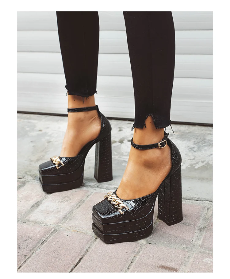 Plus Size Plaid Patent Leather Side Cut-Out Women's Sandals Metal Chain Decoration Ultra-High Double-Deck Platform Fashion Shoes