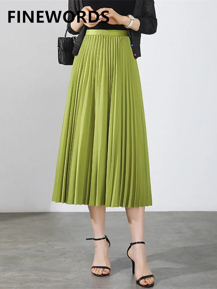 

FINEWORDS Summer Vintage Big Swing Pleated Skirts Women A Line Elegant Skirts Solid High Waist Korean Office Long Midi Skirts