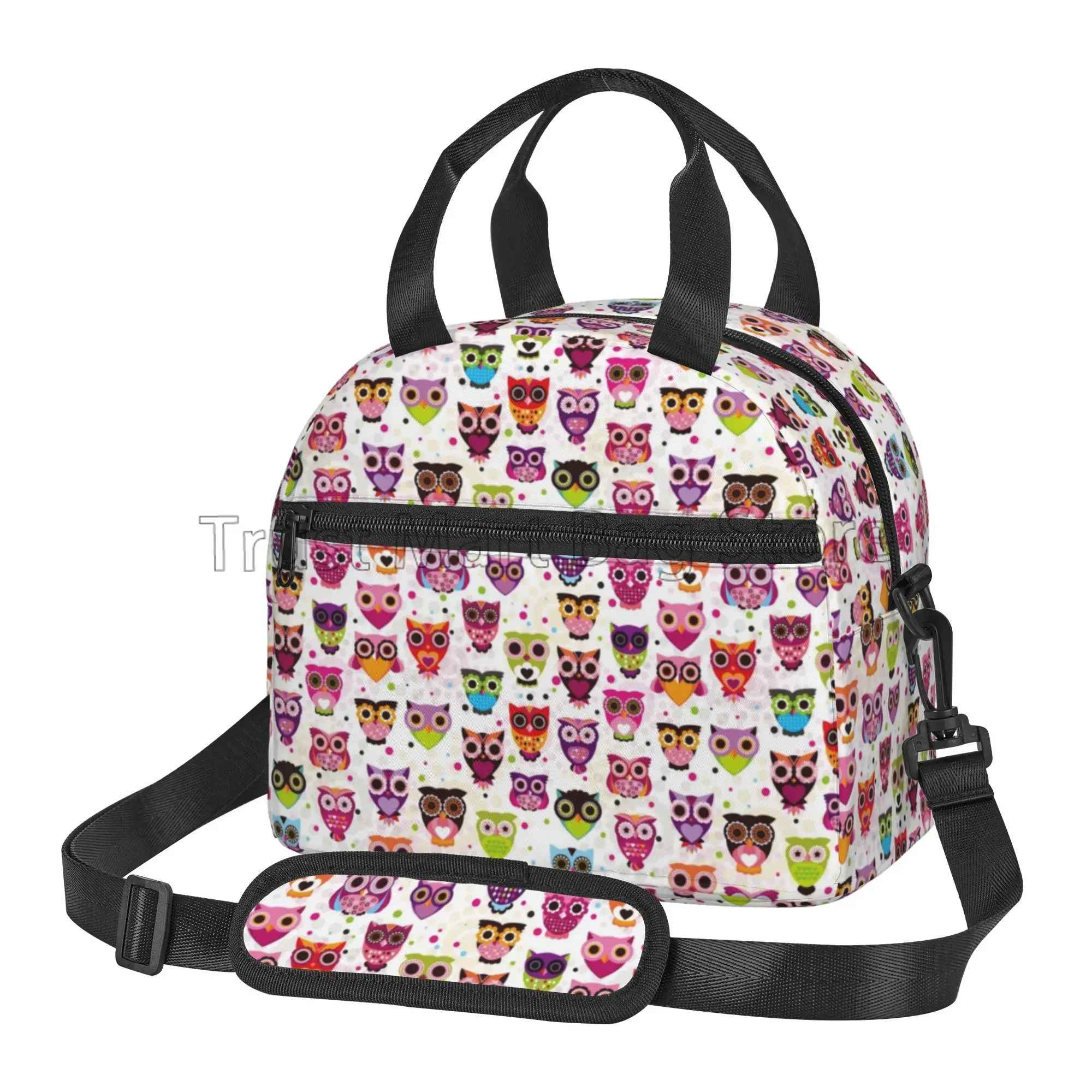 Cute Owl Reusable Insulated Lunch Tote Bag for Women Polka Dot Cooler Bag Lunch Box Container with Adjustable Shoulder Strap