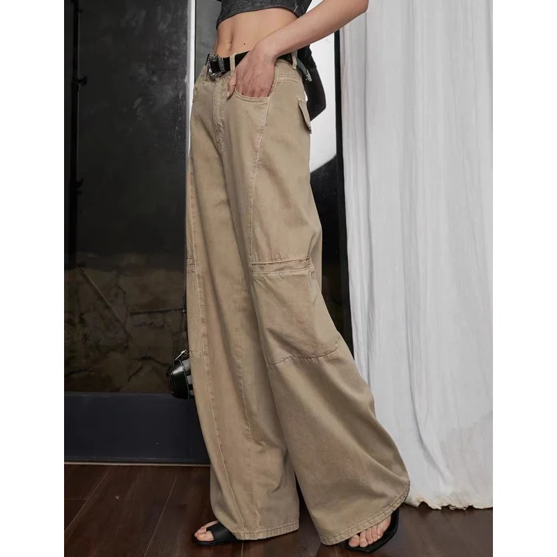 

Джинсы хаки женские с завышенной талией, однотонные мешковатые брюки, джинсовая уличная одежда в американском стиле, прямые брюки с широкими штанинами, Y2K, осень