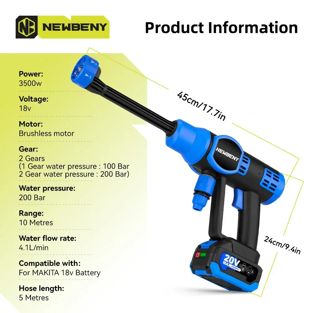 Brushless 200Bar High Pressure Washer Gun 6 IN 1 Cordless Efficient Car Garden Washing Power Tools For Makita 18V Battery 4