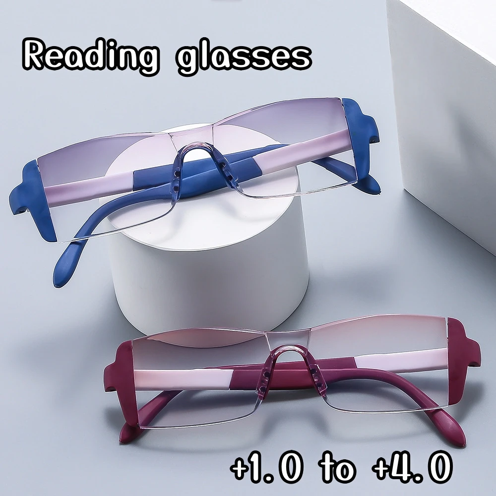 

New Frameless Bifocal Reading Glasses Diamond Trimmed Fashion Presbyopia Eyeglasses Blue Light Blocking Eye Protection Eyewear