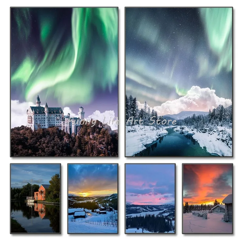 Islanda Aurora Mountains Cabin Paesaggio Naturale Poster E Stampe Stampa Su Tela Wall Art Picture For Living Room Home Decor