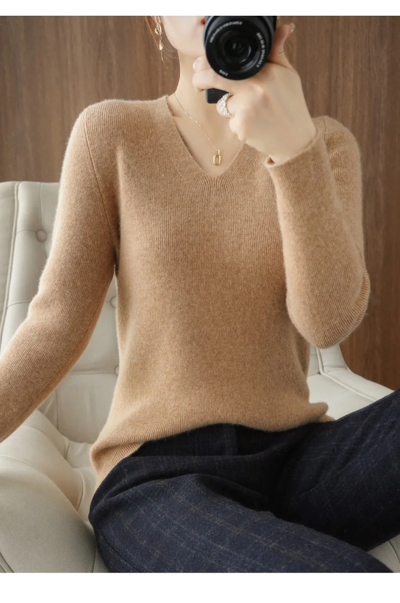 2022 Spring Autumn Women's Cashmere Sweater Pullover V-Neck  Casual Fashion Pure Color High Quality long cardigan