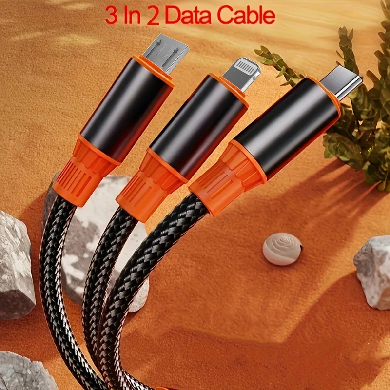 1pc 1.2m/3.9ft 3-in-1 data cable, USB A to type-c/lightning, type-c to type-c/lightning braided transport fast data cable