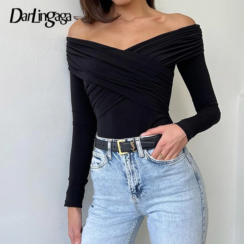 Darlingaga Fashion Fold Skinny Autumn T-shirt Ladies Basic Off Shoulder Top Solid Criss-Cross Casual Elegant Women Tee Clothing