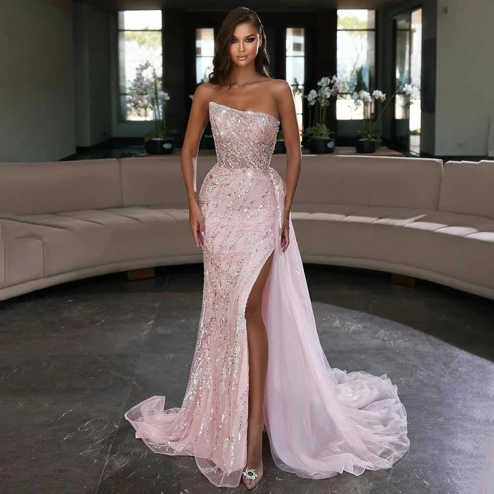 Tulle Mermaid Evening Dresses Beaded Sequined High Split Strapless Crystal Sleeveless Formal Party Prom Gowns Robe De Soiree