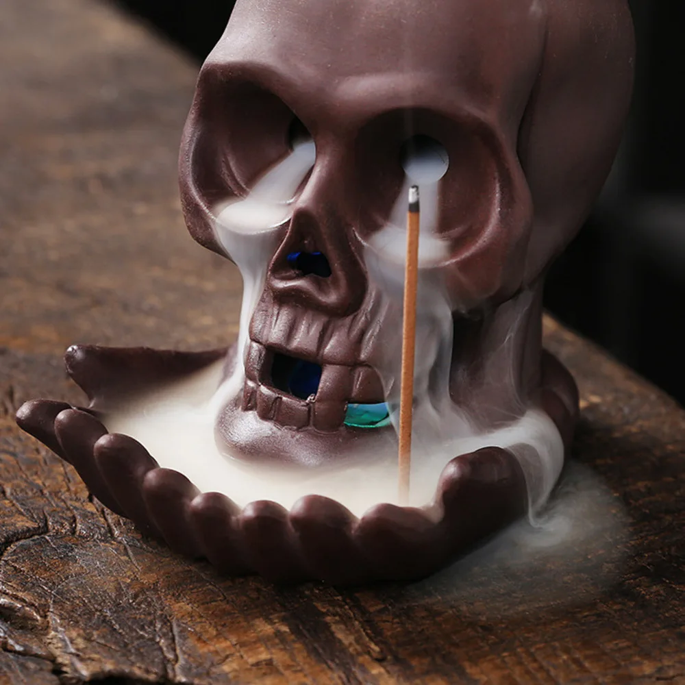 1pc LED Waterfall Skull Incense Burner Skull Backflow Incense Burner Halloween Home Decor Home Aromatherapy (without Incense)