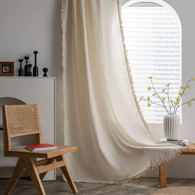 American Solid Color Waffle Curtain with Tassel Window Curtain Semi-shading Drapes for Living Room Bedroom Kitchen Door Drapes 4