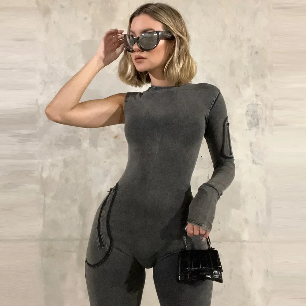Gray Denim Jumpsuit Single Long Sleeve Sexy Bodysuit Women Clothing Club Hollow Zipper Romper Clothes Female streetwear Bodysuit