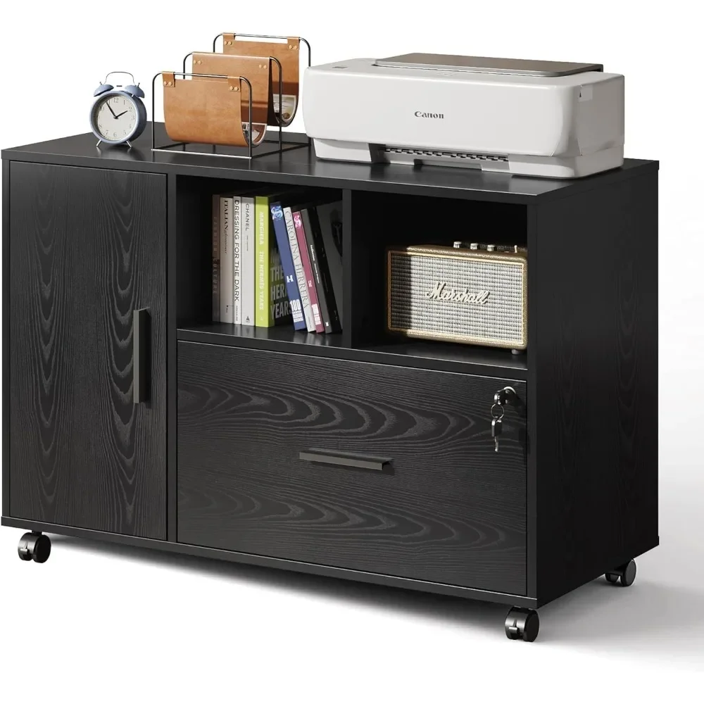 

Office File Cabinet with Lock, Wood Lateral Filing Cabinet on Wheels, Printer Stand with Open Storage Shelves for Home Office