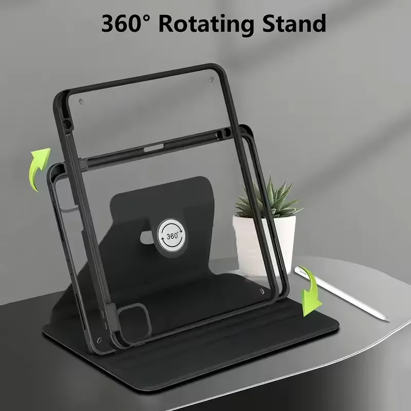 Premium 360° Rotating Clear Acrylic Tablet Case with Pencil Holder & Auto Sleep/Wake Shock-Resistant Feature