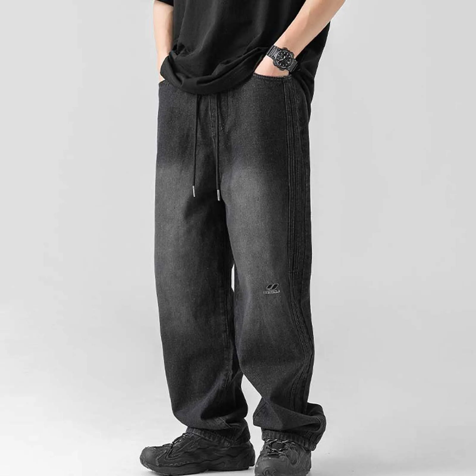 

Vintage Men'S Baggy Denim Trousers 2024 New Streetwear Wide Leg Loose Fashion Distressed Straight Pants