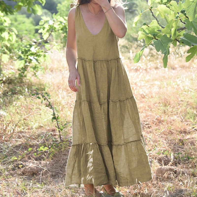 

Женское платье из хлопка и льна, свободное однотонное платье с V-образным вырезом, без рукавов, элегантное Плиссированное праздничное платье с широким подолом, 2024