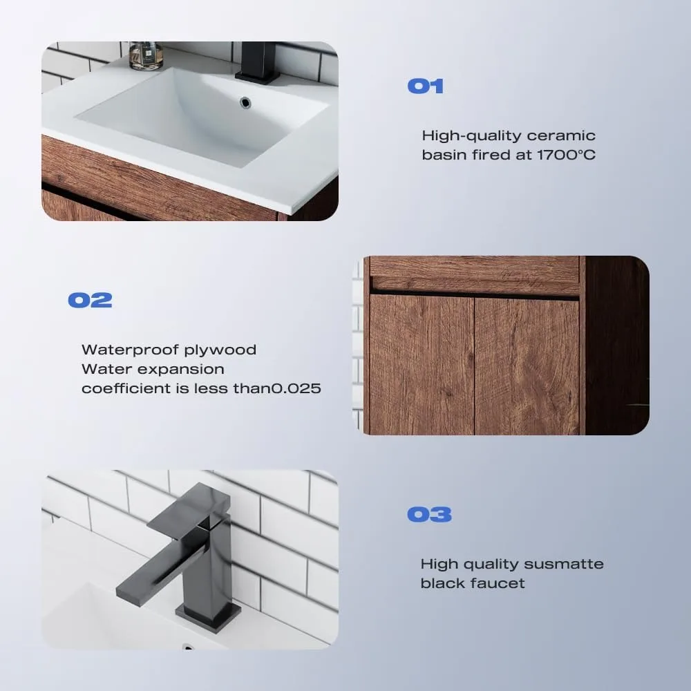 24" Bathroom Vanity, Brown Modern Small Single Bathroom Cabinet Set, Soft Closing Doors with Metal Handles, Storage, Sink Base 5