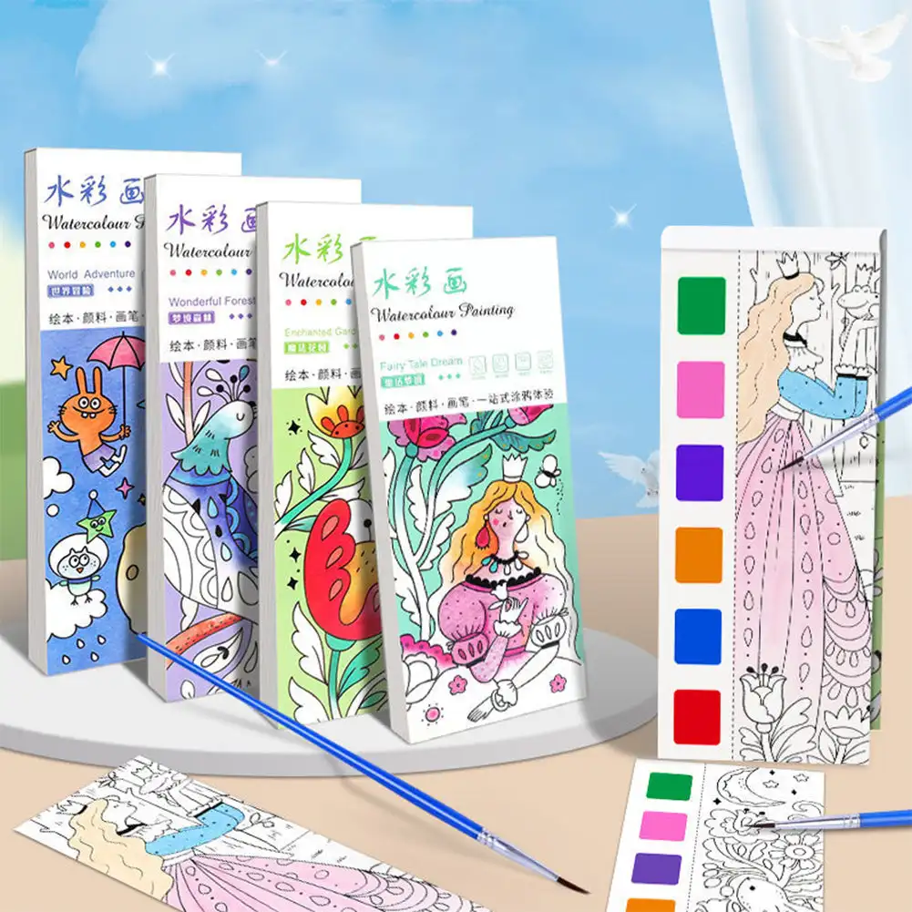 Portable Watercolor Painting Book 12 Sheets Coloring Book with Paint Brush Gouache Book Kids Graffiti Picture Drawing Stationery