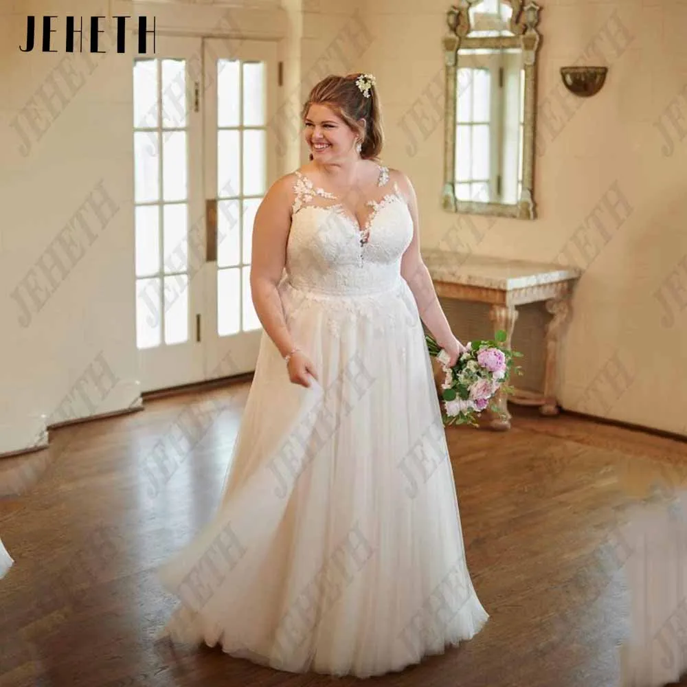 

JEHETH Classic Plus Size Wedding Dress Sleeveless Scoop Lace Applique Bride Gowns Tulle A-Line Zipper Back vestidos de novia