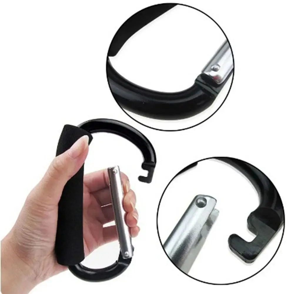 2Pcs Multifunction Baby Stroller Hook D-Ring Aluminum Alloy Carriage Hanger Sponge Handle Soft Grip Shopping Bag Clip Hooks