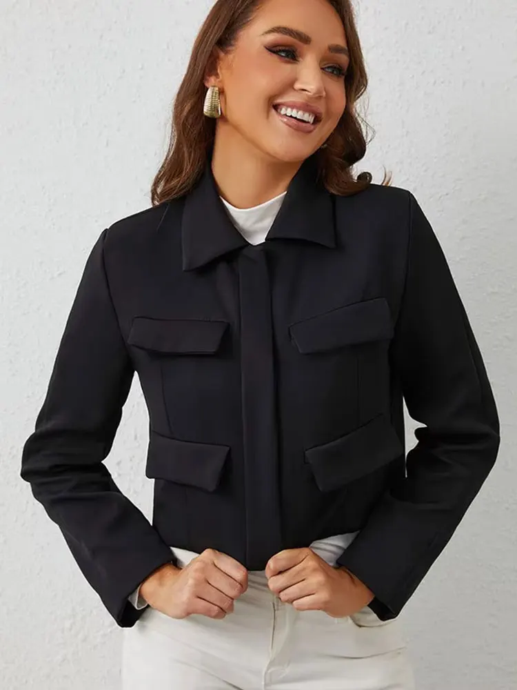 HH Spring Jacket For Women Slim Cropped Coat Elegant Solid Long Sleeve Jacket Front Flap Pocket Outerwear Fashion Streetwear