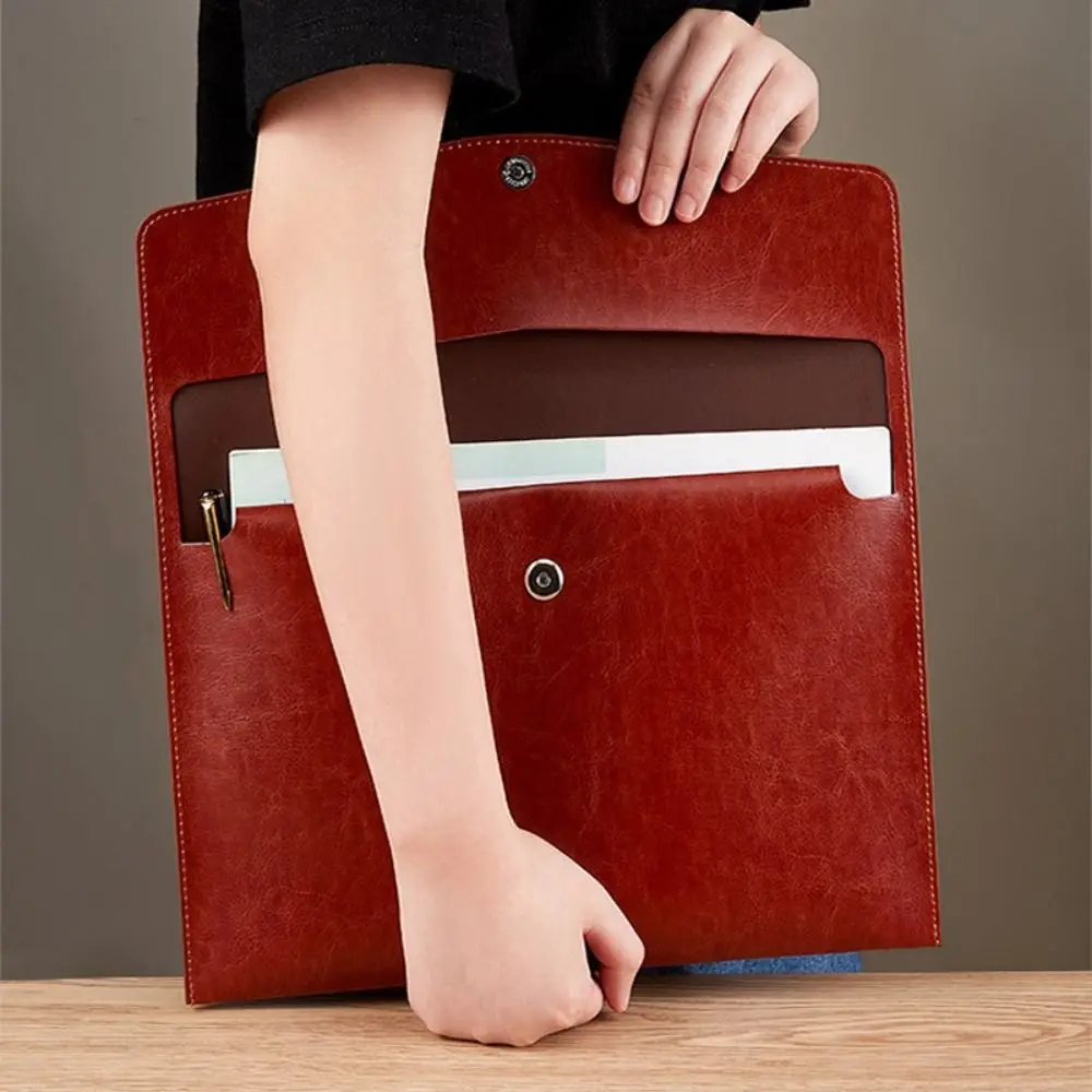 A4 Leather Business Felt Folder Classic Snap Design Large Capacity Document Bag Office Supplies File Organizer