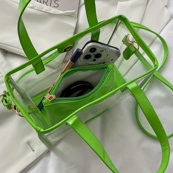 مجموعة حقائب حمل شفافة من مادة PVC مكونة من قطعتين، حقيبة كروس جيلي عصرية، حقيبة شاطئ صيفية مقاومة للماء مع حقيبة داخلية 4