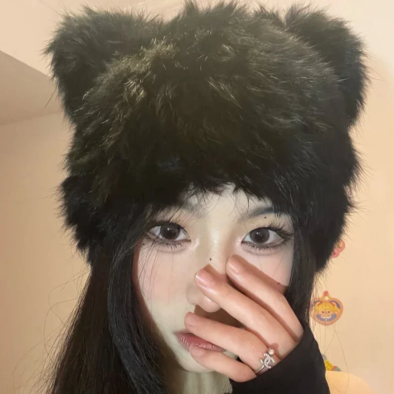 Black Bear Ears Rabbit Hair Beanies Cap Y2K Autumn and Winter Fashion Versatile Cute Plush Pullover Hats for Women and Men 2