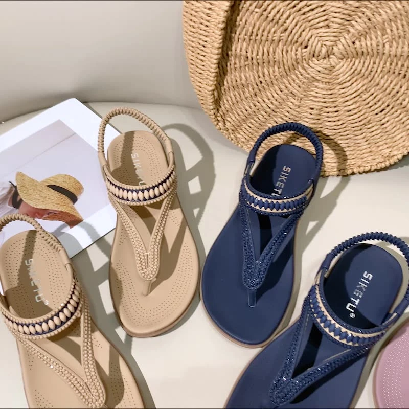 Seasonal New European And American Sandals Elastic Band Beads Soft Breathable Lightweight Comfortable Wedge One-Slip Flops