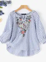 ZANZEA Fashion V Neck 3/4 Sleeve Embroidery Floral Blouse Women Summer Bohemian Striped Tops Casual Holiday Shirt Work Blusas - Image 4