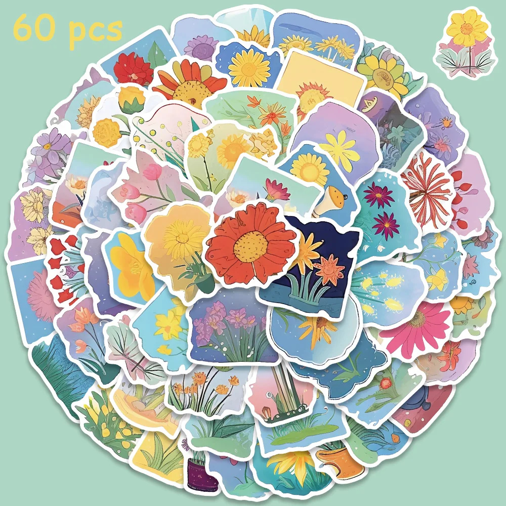 60pcs Cartoon Painting Flowers Graffiti Stickers Aesthetic DIY Decals For Kids Toy Laptop Skateboard Bike Scrapbook Stickers 10 30 50pcs artist oil painting art graffiti stickers aesthetic van gogh mona lisa decals diy skateboard laptop luggage kids toy