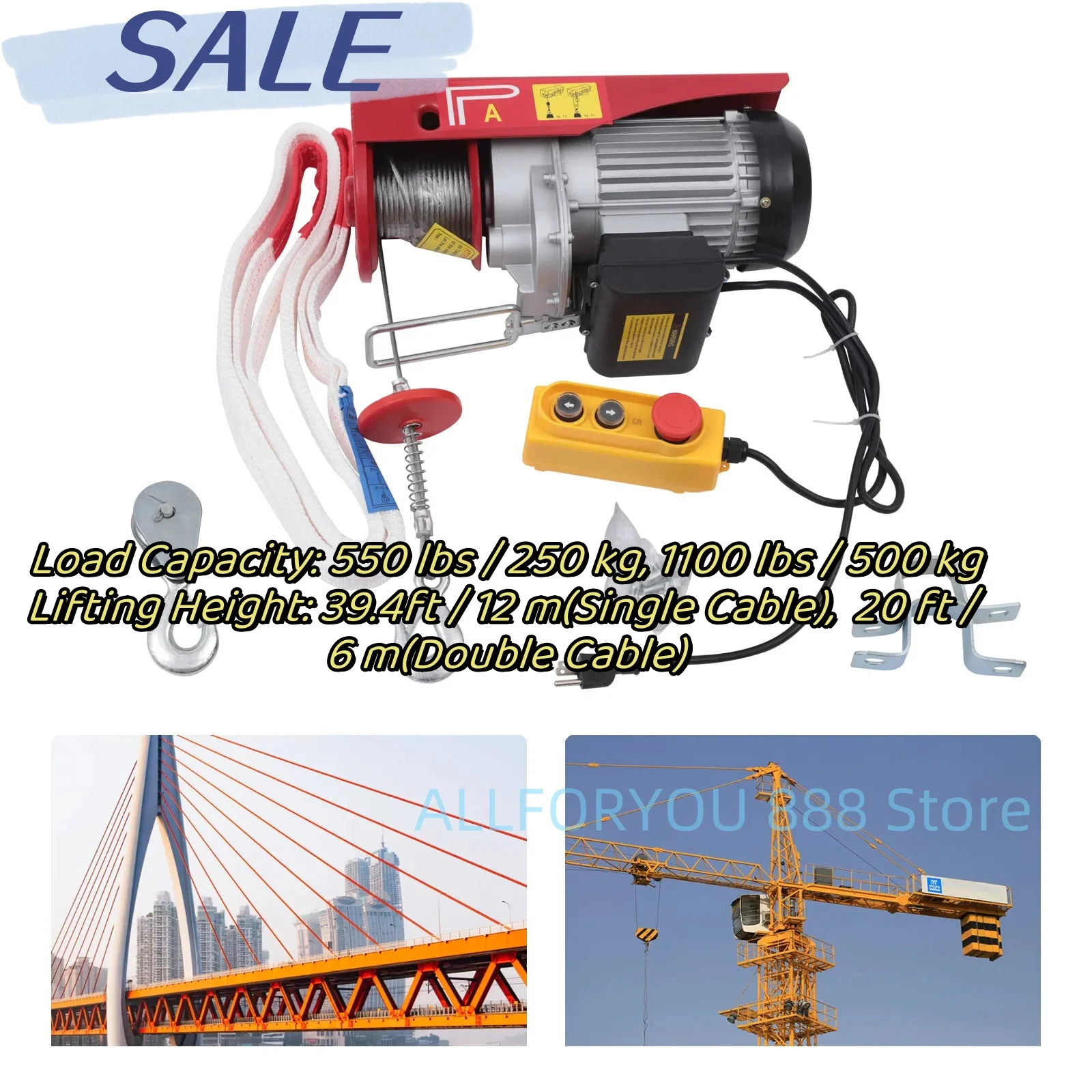 

1100LBS 1050W Electric Hoist Winch Crane With Wired Remote Control And 16.4ft/min (Double Cable) Lifting Speed