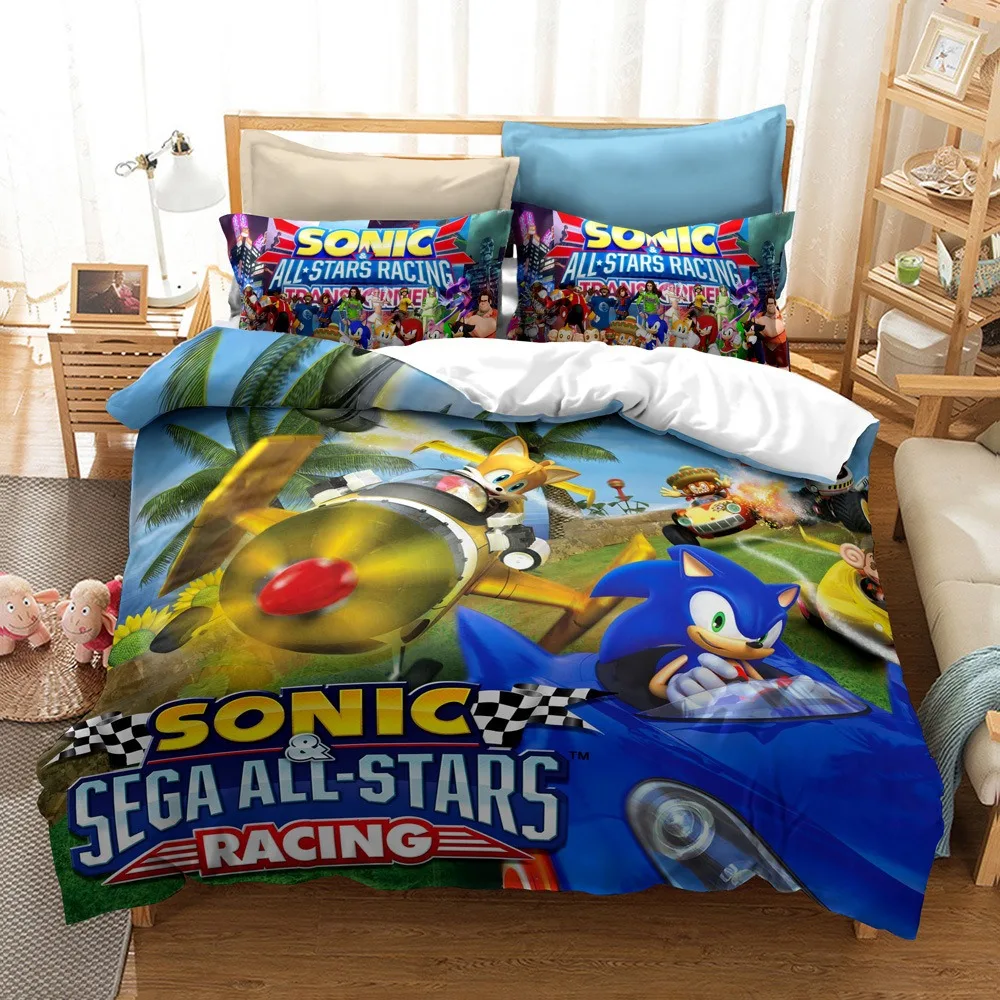thumbnail image 1 of Funda de edredón de Sonic The Hedgehog con estampado de dibujos animados de anime, 100 % poliéster, tamaño doble, varios tamaños, regalo para niños, 1 of 5