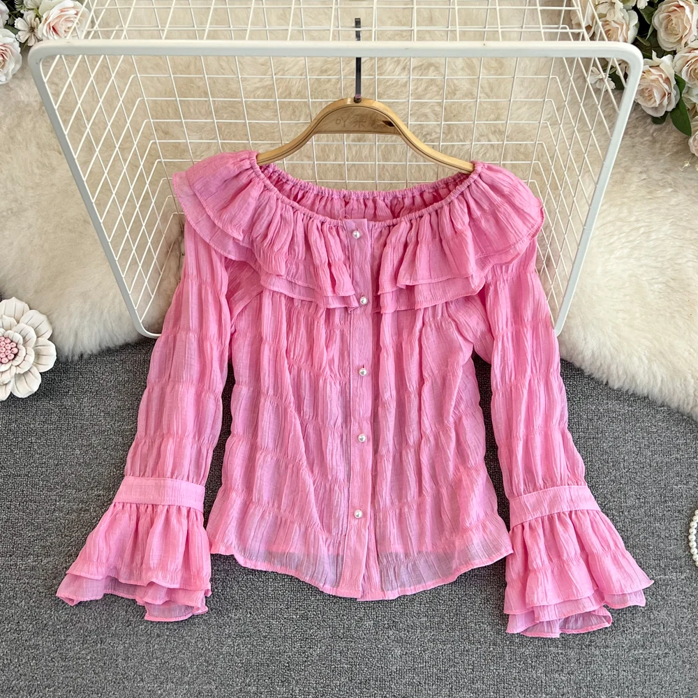 

Spring French Vintage Women Shirts Sweet Off The Shoulder Flare Long Sleeve Ruffles Loose Female Blouse Solid Casual Ladies Tops