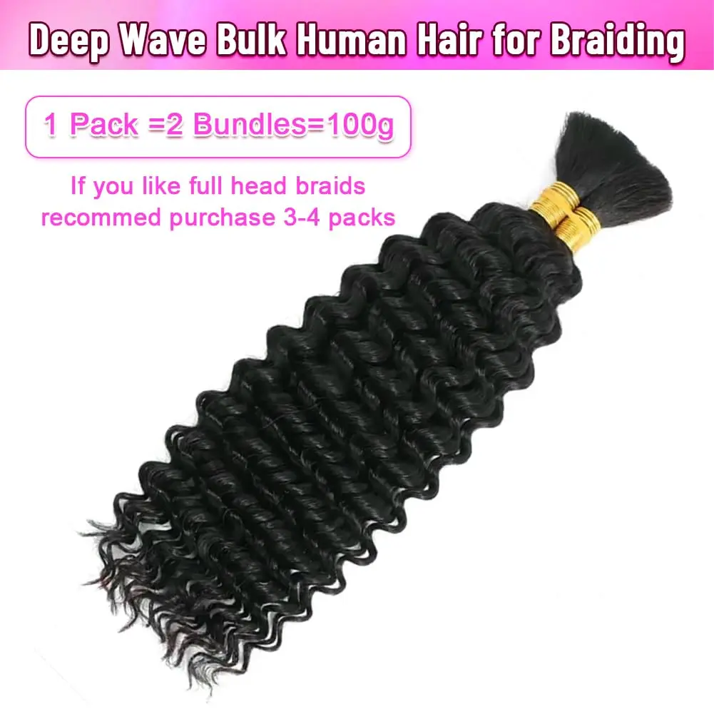 1 3 4 Bundles 16 Inch Brazilian Virgin Deep Wave Bulk Human Hair for Boho Braids 100G 12A Quality Braiding Hair Extensions 3