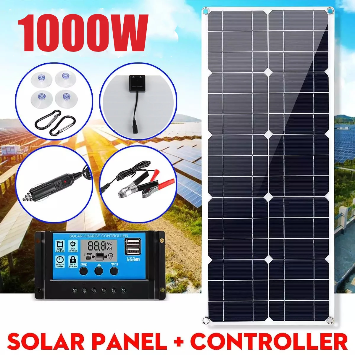 

1000W Flexible Solar Panel Kit 18V Monocrystalline Solar Cells Power Charger for Outdoor Camping Yacht Motorhome Car RV Boat