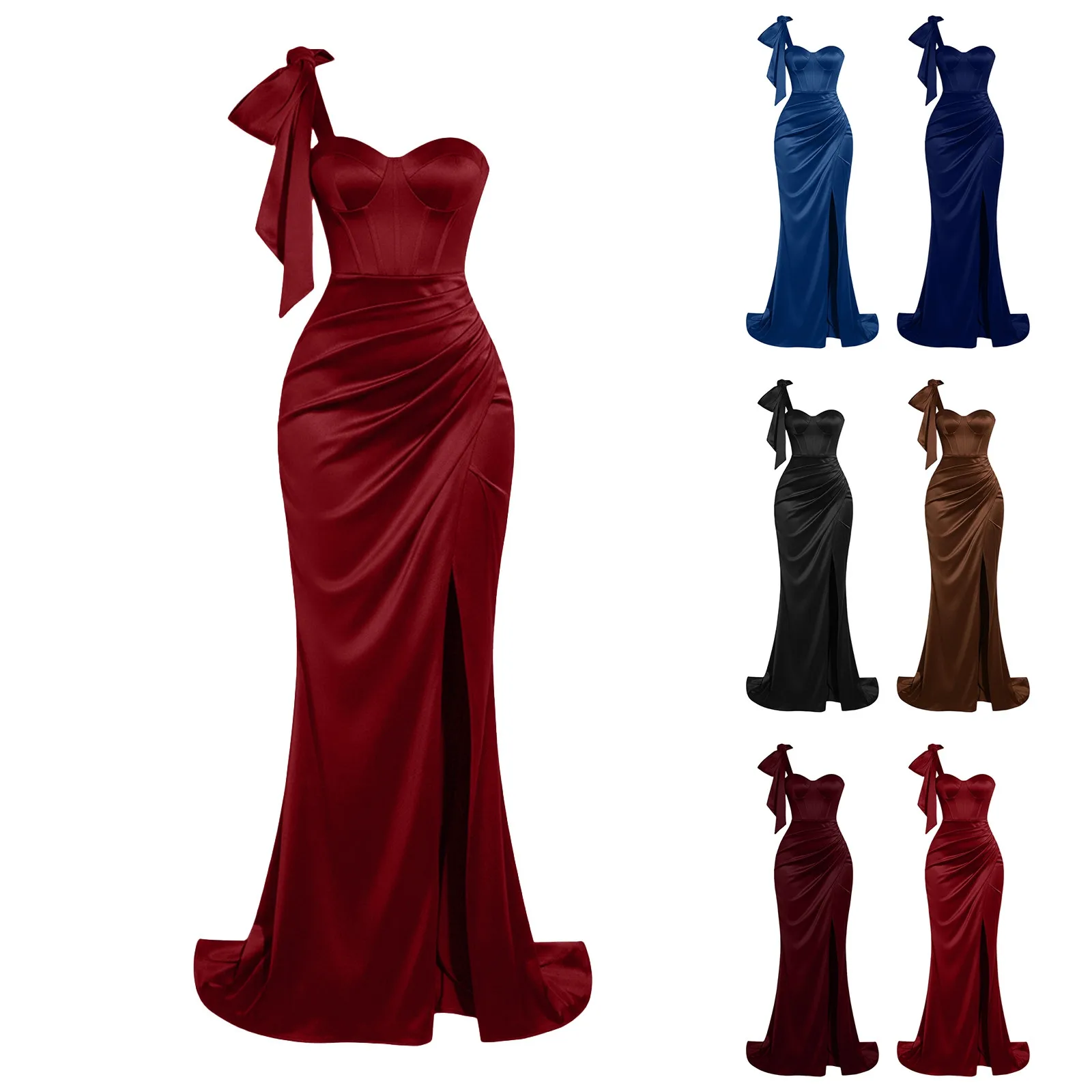 Women's Satin Bridesmaid Dresses With Slit Long Bodycon Formal Prom Dress Wedding Guest Outfits for Women