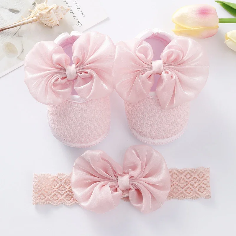 0-18months Toddler Girl Flat Shoes Spring Autumn Baby Girls Bowknot Soft Sole Anti Slip Crib Shoes + Lace Headband
