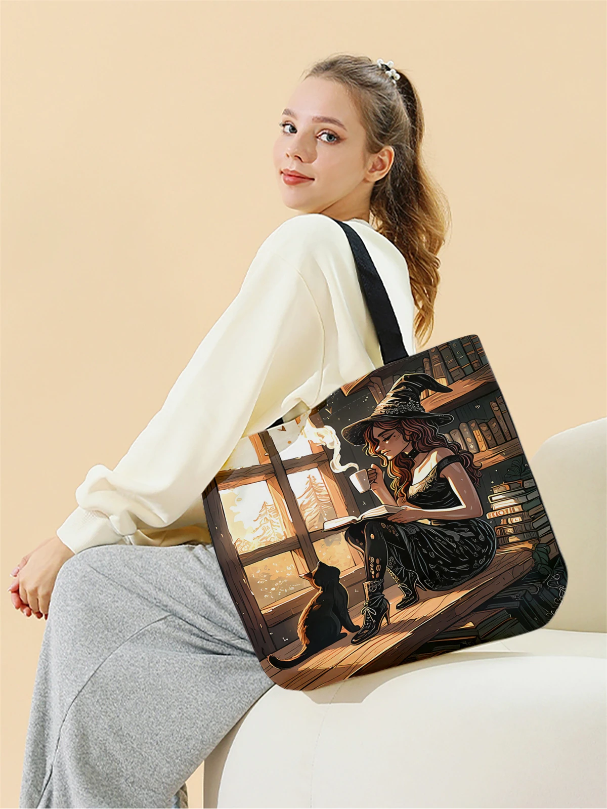 1pc,Library witch handbag, reusable fashionable handbag, multifunctional handbag, printed canvas shopping bag