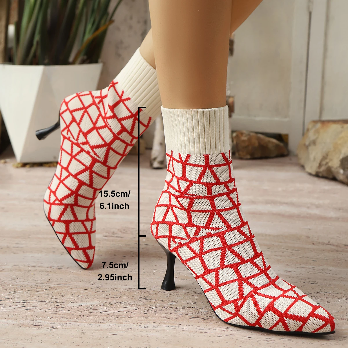 Aphixta Stripe Design 7.5cm Thin Heels Socks Boots Women Big Size 43 Stretch Fabric Elastic Pointed Toe Shoes Ankle Boot Woman