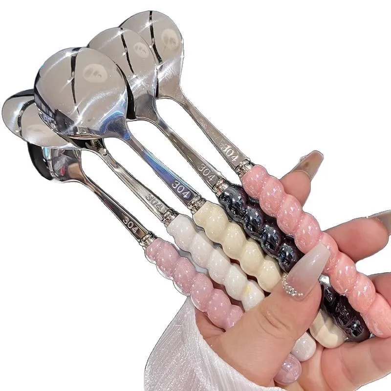 304 Stainless Steel Spoon Girl Pearl Five-color Imitation Ceramic Handle Spoons Household Long Handled Dining Spoon Hot