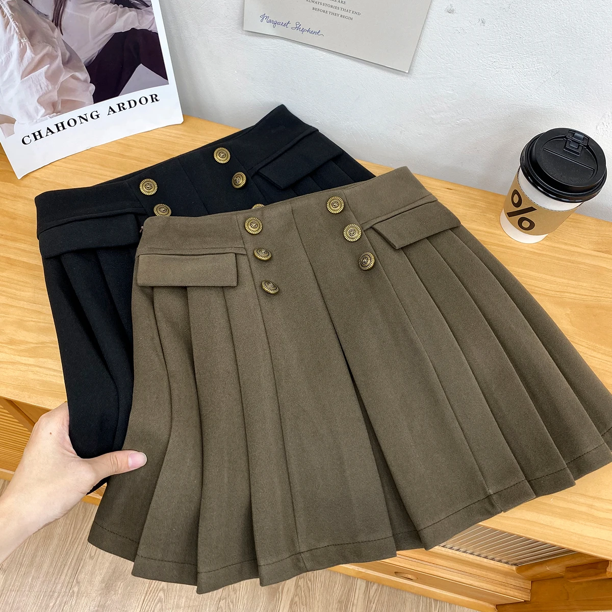

Skirts for Women Fake Pockets Button Solid Color Pleated Skirt Woman Spring Anti-emptied High Waist Streetwear A-line Dropship