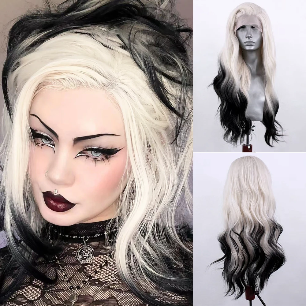 

RONGDUOYI Platinum Black Ombre Wig Body Wavy Synthetic Lace Front Wig Red Black Long Hair Two Tones Cosplay Makeup Women Use Wig