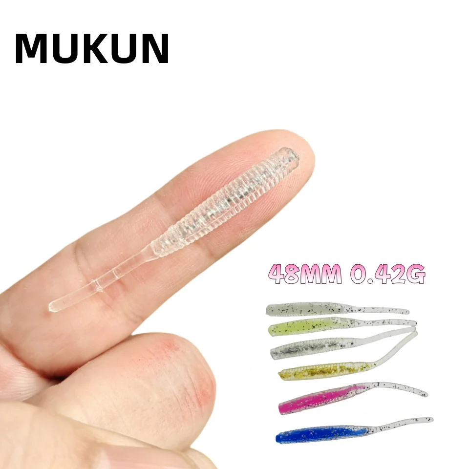 MUKUN Einzelne Nadel Schwanz Wurm Micro 48mm 0,42g Angeln Köder Ajing Kleine Rockfish Silikon Isca Künstliche Köder leuchtende Jig 12pc