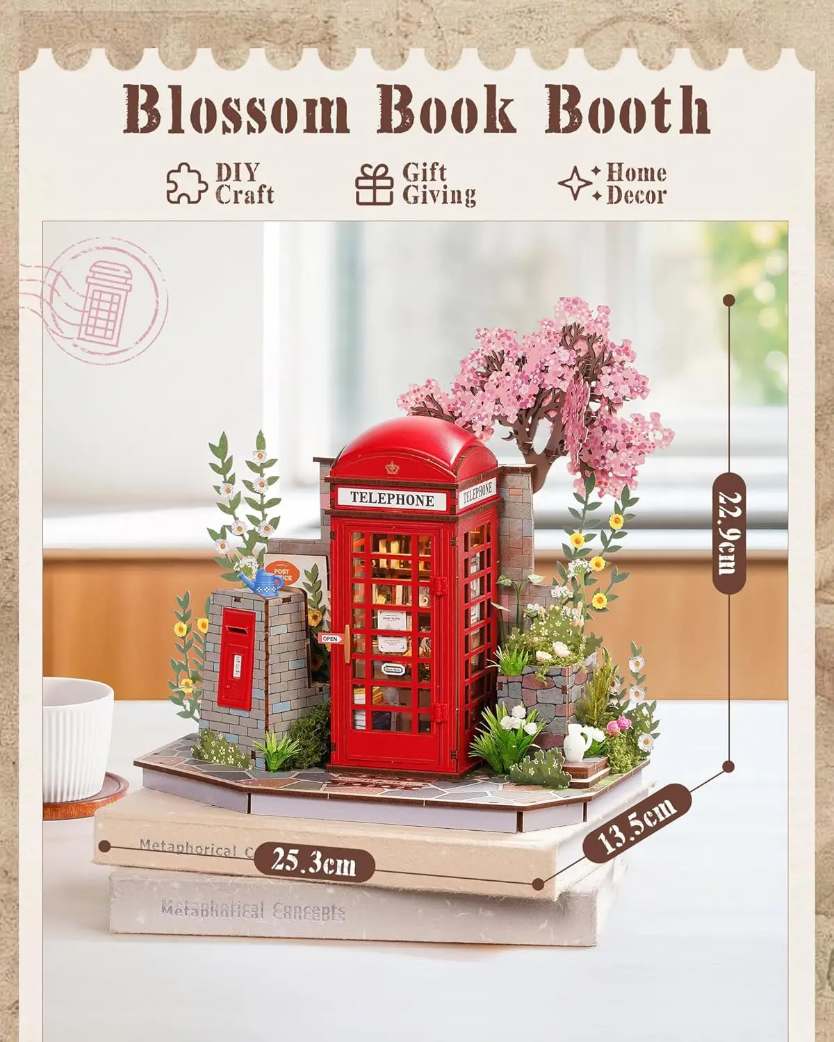 롤라이프 3D 나무 퍼즐 빈티지 스타일 모델 키트 영국식 전화 부스 책꽂이 DIY 조립 장난감 (성인, 남성 및 어린이용)