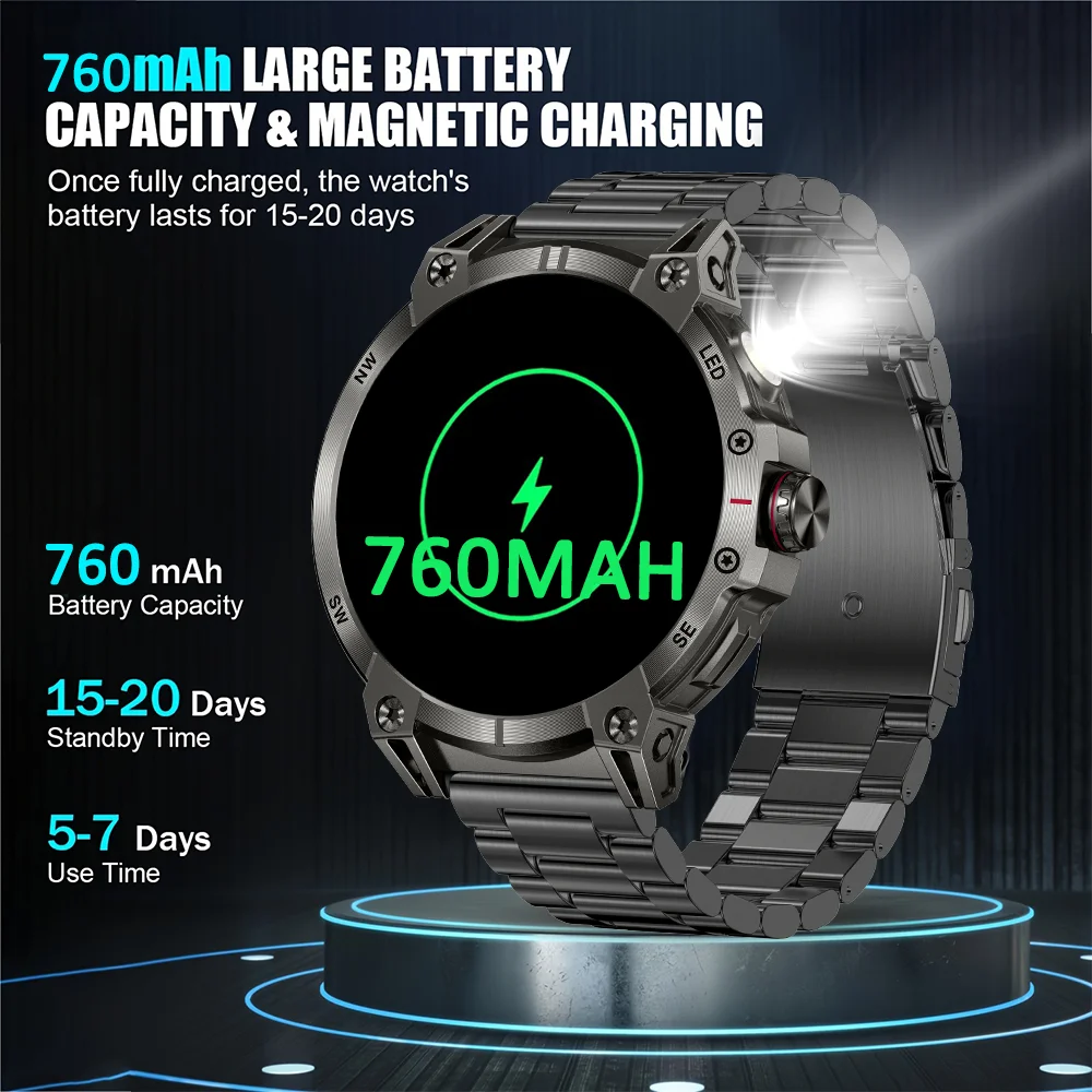 2026 새로운 스마트 시계 야외 스포츠 모드 블루투스 통화 LED 손전등 GPS 방수 건강 모니터링 760mAh 1.8''HD 화면