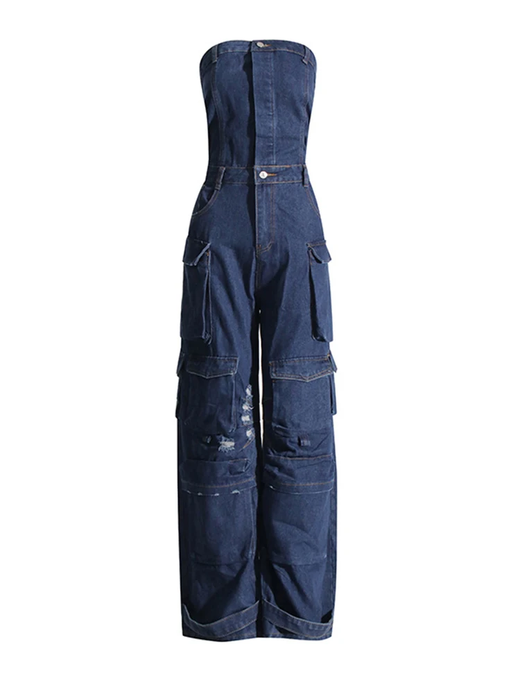 CHICEVER Streetwear Vintage Denim Jumpsuits For Women Strapless Sleeveless High Waist Patchwork Pockets Cargo Jumpsuit Female