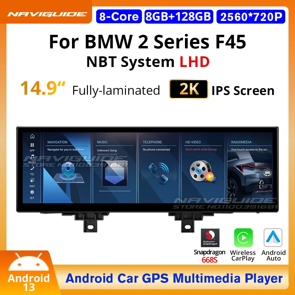 NAVIGUIDE 10.25'' 14.9'' Android 13 Carplay Auto Car Multimedia Player For BMW 2 Series F45 LHD NBT System GPS 4G Wifi Bluetooth