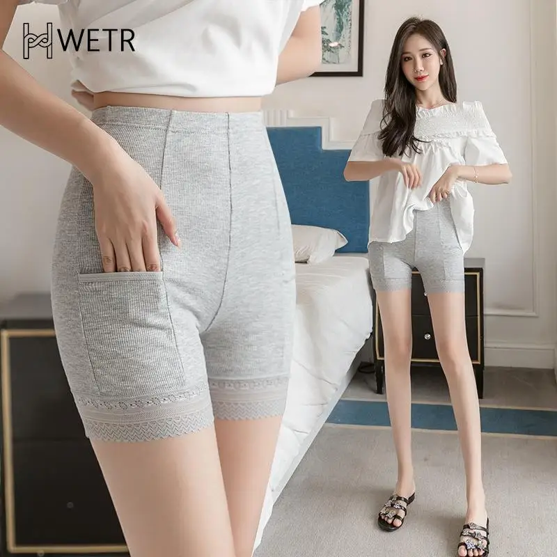 

Simple Solid Color High-Waisted Elastic Pocket Lace Lace Tight Shorts Leggings For Women