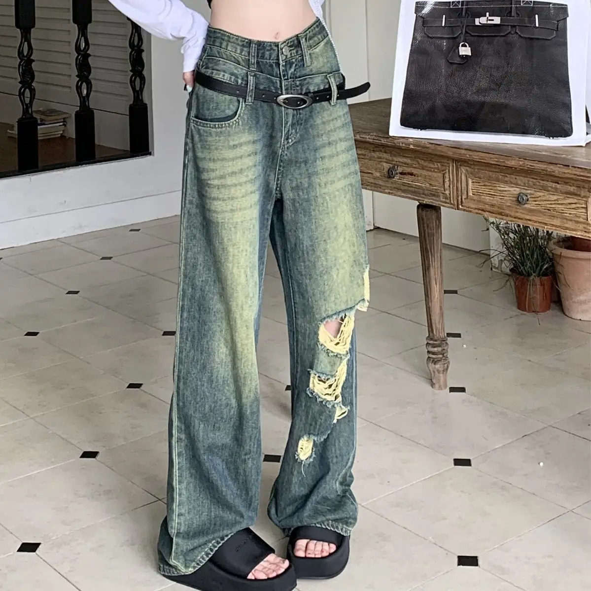 

Hsa intage Baggy Jeans Women Korean Style Distressed Wide Leg Denim Pants Female Harajuku Streetwear High Waist Trousers